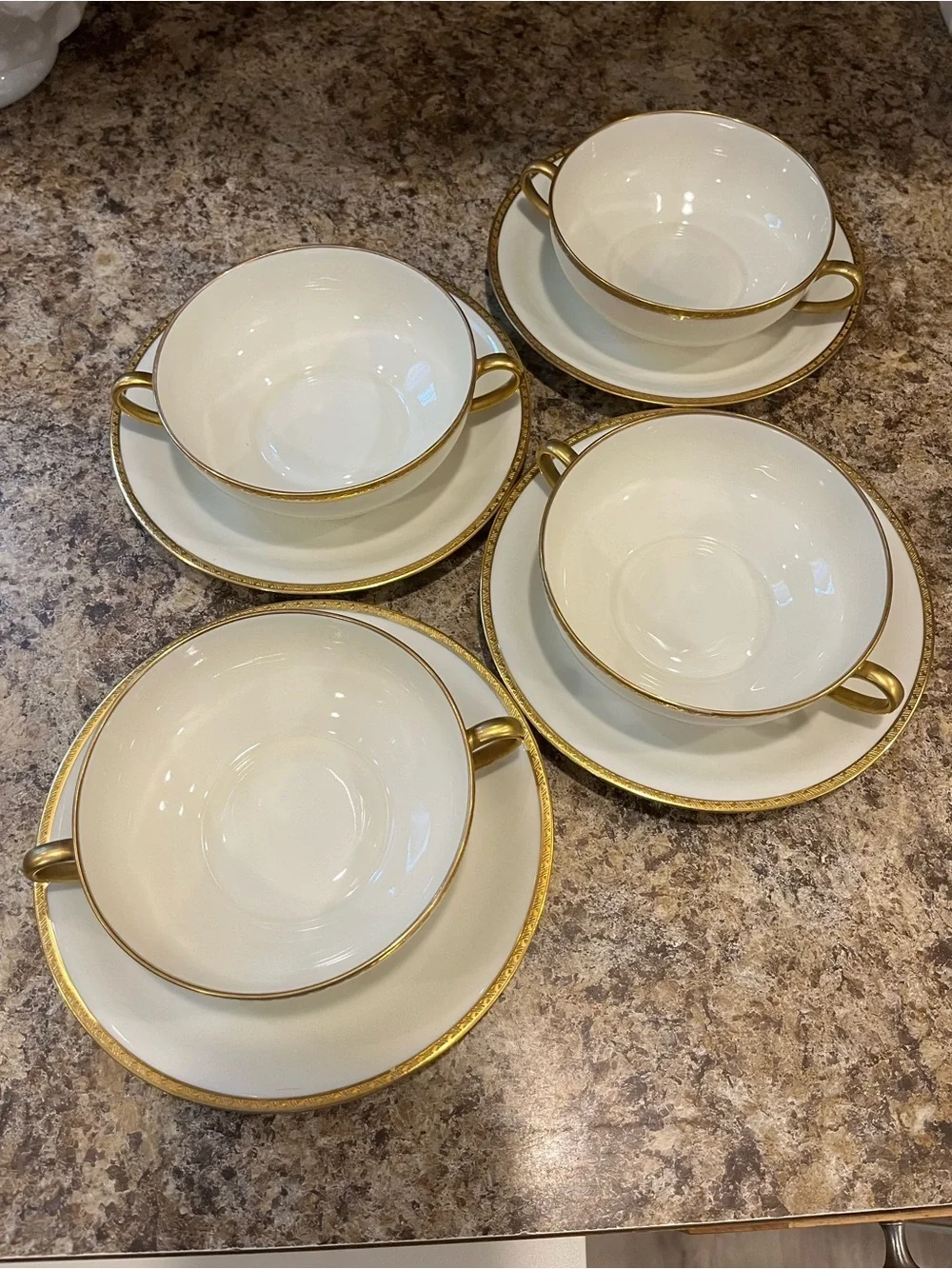 Black Knight Cream and Gold Trimmed Double-Handled Soup Cups with Saucers